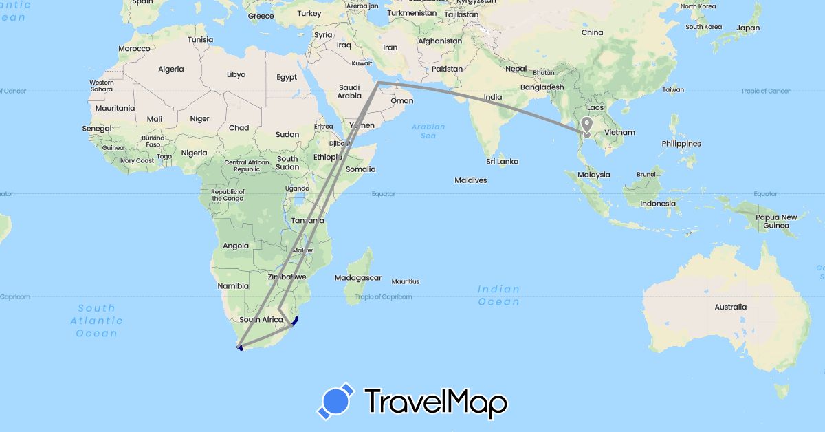 TravelMap itinerary: driving, plane in Qatar, Thailand, South Africa (Africa, Asia)
