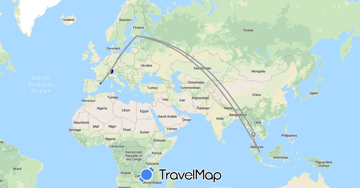 TravelMap itinerary: driving, plane in Switzerland, Germany, Spain, Finland, Singapore, Thailand (Asia, Europe)