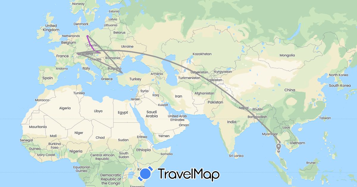 TravelMap itinerary: driving, plane, train in Austria, Switzerland, Czech Republic, Germany, Hungary, Thailand, Turkey (Asia, Europe)