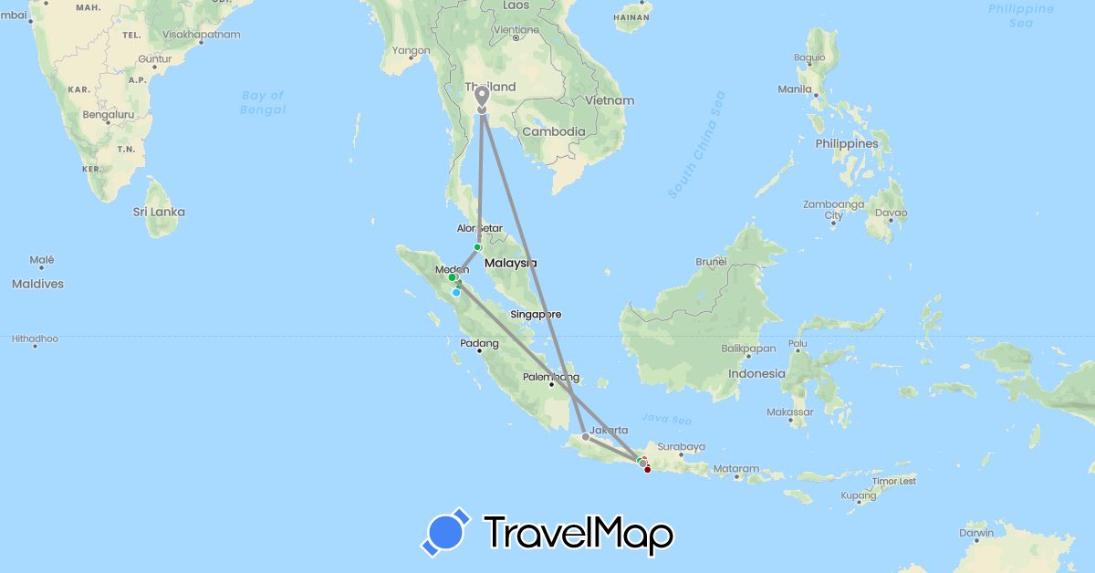TravelMap itinerary: driving, bus, plane, hiking, boat, taxi/driver in Indonesia, Malaysia, Thailand (Asia)